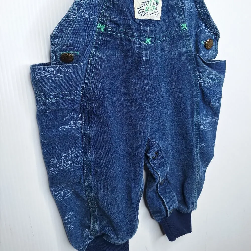 Vintage OshKosh B'Gosh Vestbak Baby Denim Sailboat Bubble Bib Overall 6-9 mo USA